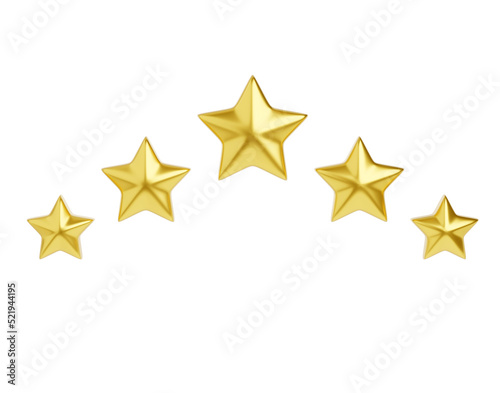 Five golden stars 3d render illustration for customer review concept. Positive client experience concept. Opinion and satisfaction of customers for request to rate and leave review.