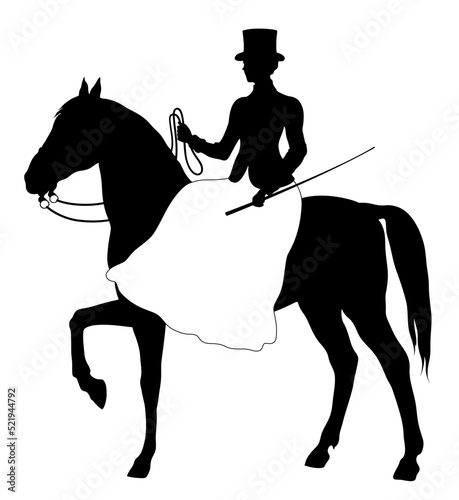 Silhouette of young rider woman in victorian dress on horseback. Elegant horsewoman in historical clothing.