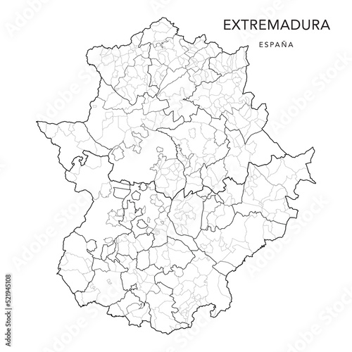 Geopolitical Vector Map of the Autonomous Community of Extremadura with Provinces  Judicial Areas  Comarques  Comarcas   Mancomunidades Integrales  and Municipalities as of 2022 - Spain