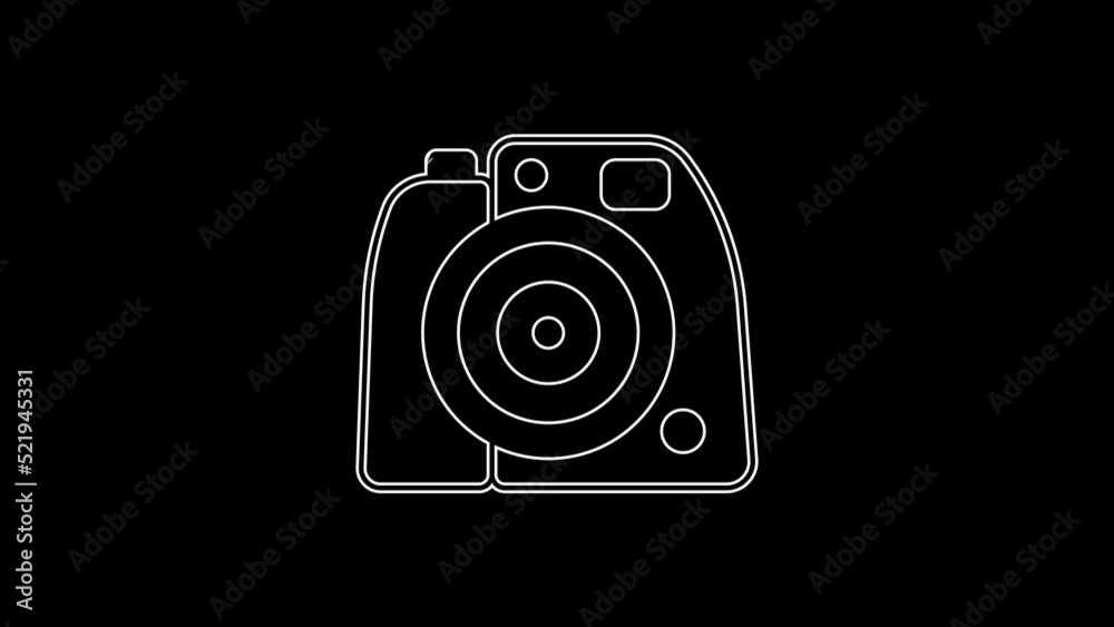 White line Photo camera icon isolated on black background. Foto camera. Digital photography. 4K Video motion graphic animation White line Photo camera icon isolated on black background. Foto camera. Digital photography. 4K Video motion graphic animation