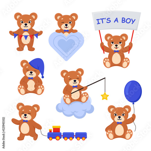 Cute teddy bear cartoon character vector illustrations set. Comic bear with blue elements for scrapbook or decoration, baby gender reveal isolated on white background. Childhood, child birth concept