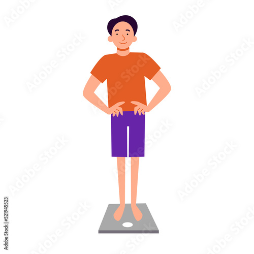 A man stands on the scales. Control of excess weight. Vector illustration in a flat style.