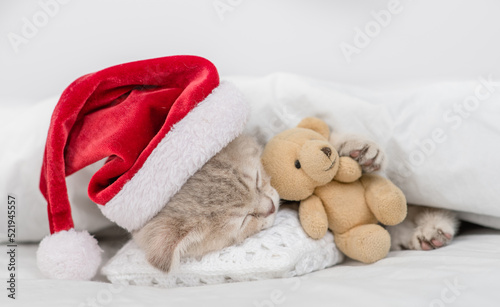 Funny kitten wearing red santa's hat sleeps under white blanket and hugs favorite toy bear