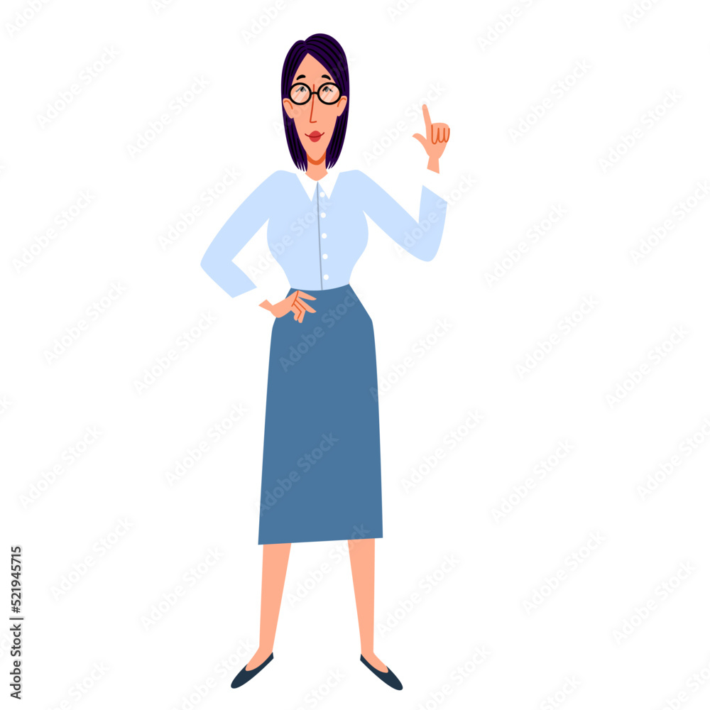 A female character in a blouse and skirt. Skinny European girl in full growth. Vector illustration in a flat style, isolated on a white background. A female character in a blouse and skirt. Skinny European girl in full growth. Vector illustration in a flat style, isolated on a white background.