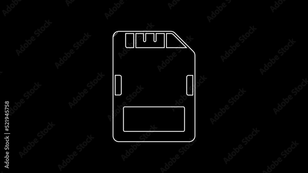 White line SD card icon isolated on black background. Memory card. Adapter icon. 4K Video motion graphic animation White line SD card icon isolated on black background. Memory card. Adapter icon. 4K Video motion graphic animation