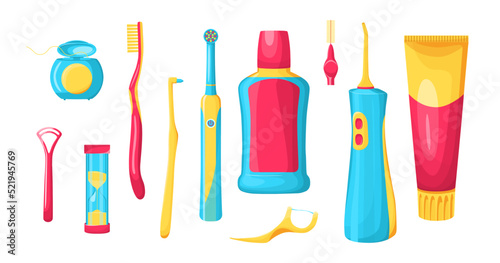 Tools for dental care vector illustrations set. Equipment and products for cleaning mouth or teeth, toothpaste, toothbrush, mouthwash isolated on white background. Oral hygiene, health concept