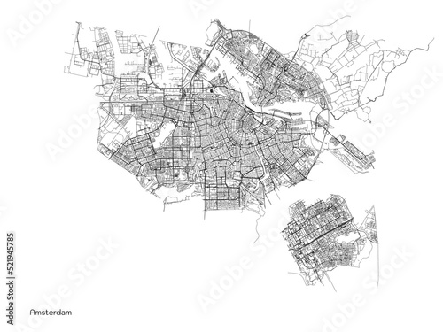 Amsterdam city map with roads and streets, Netherlands. Vector outline illustration.