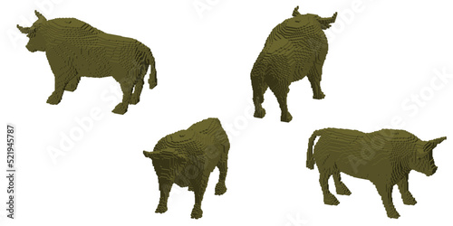 Bull made from cubes. Voxel art. Futuristic concept. 3d Vector illustration. Dimetric projection.