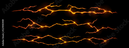 Lava in ground cracks, volcano magma orange glow in cracking holes, ruined land surface. Destruction, split, damage fissure effect after disaster isolated on black background. Realistic 3d vector set