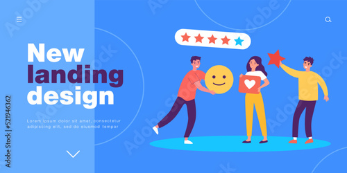 Customer giving rating stars, likes and positive feedback. Review from tiny male and female clients flat vector illustration. Rate, satisfaction concept for banner, website design or landing web page