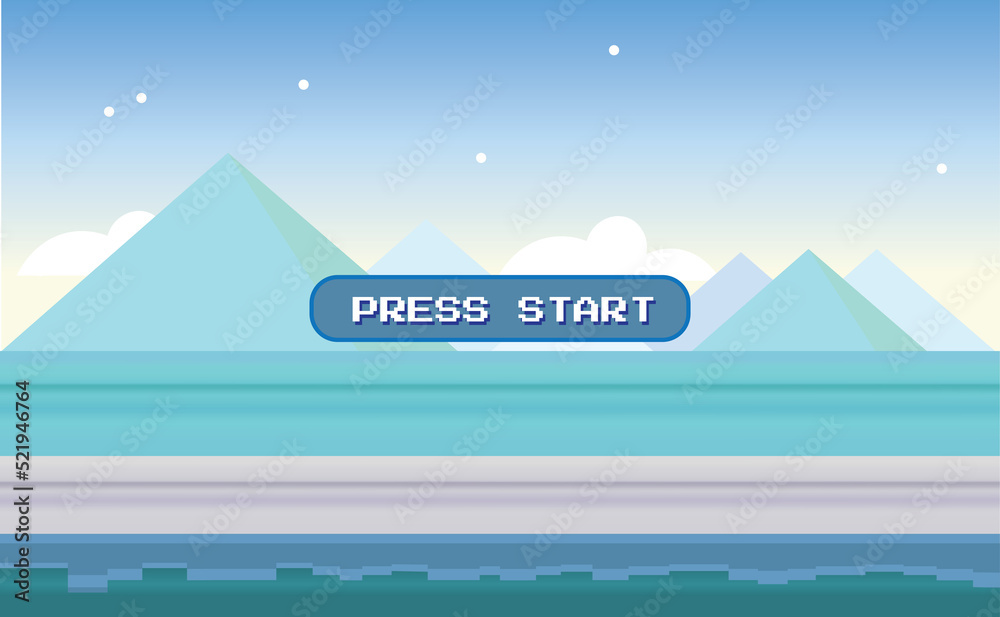 Blue 1980's vintage game background with pink clouds and pyramids, initial retro video game screen with the written text 