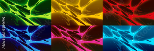 Sticky slime texture set in green, red, blue, yellow, pink color. Cartoon illustration of liquid melting substance stretching and glowing. Background for magic super power transformation in game