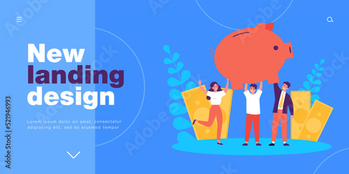 Happy business people holding piggy bank above heads. Tiny male and female investors saving money flat vector illustration. Investment, profit concept for banner, website design or landing web page