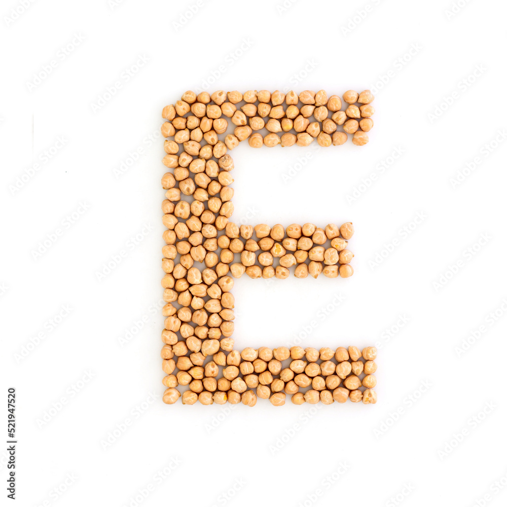 Capital letter E made from chickpea beans. Dry chick pea font. Alphabet made from gram . White background. Capital letter E made from chickpea beans. Dry chick pea font. Alphabet made from gram . White background.