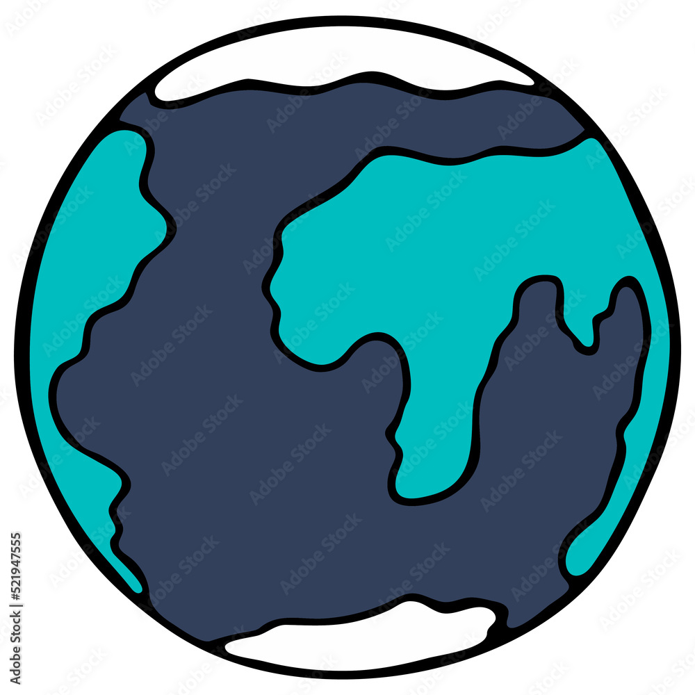 Hand Drawn Colorful Doodle Earth Planet Isolated on White Background. Design Element for the Earth day and Ecological Promblems on the Planet.