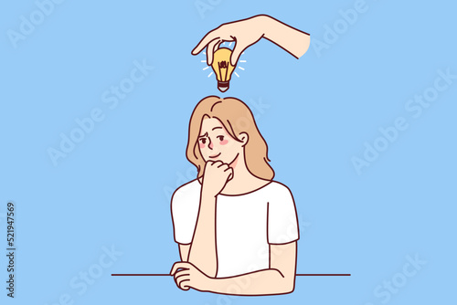 Frustrated woman with lightbulb above head thinking making solution. Consumed pensive businesswoman generate creative innovative idea. Vector illustration. 