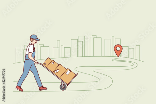 Deliveryman with packages walking to recipient. Courier or postman delivering orders to client or customer. Good delivery service. Vector illustration. 