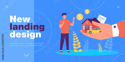 Businessmans hand giving money, car and house to customer. Lease or loan on tiny mans property flat vector illustration. Debt, mortgage, rent concept for banner, website design or landing web page