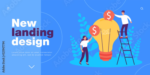 Business people investing in creative idea. Tiny man and woman throwing coins into light bulb flat vector illustration. Investment, innovation concept for banner, website design or landing web page
