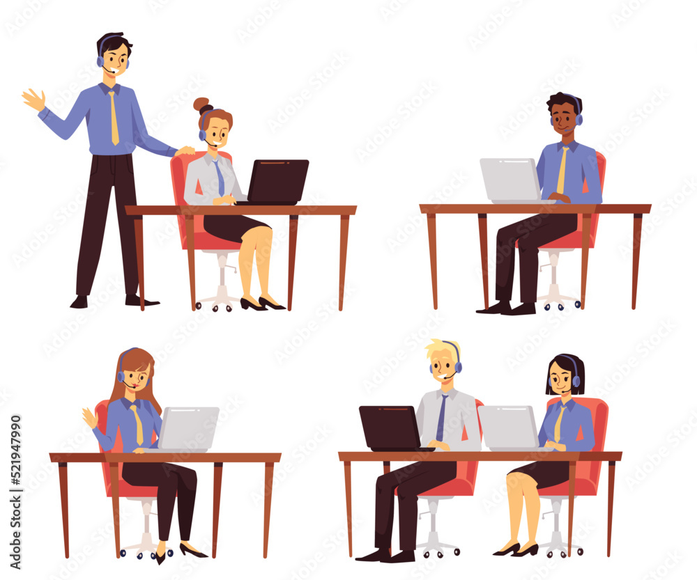 Customer service office worker with headset and laptop, flat vector illustration isolated on white background. Customer service office worker with headset and laptop, flat vector illustration isolated on white background.