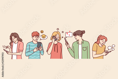 Diverse people using modern mobile phones chatting and texting online. Men and women with smartphones messaging on internet or social media. Vector illustration. 
