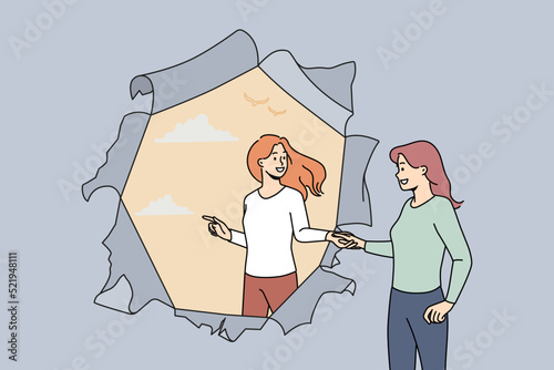 Woman helping friend get rid of depression or anxiety. Caregiver stretch helping hand to female struggling with mental problems. New life and stress relief. Vector illustration. 