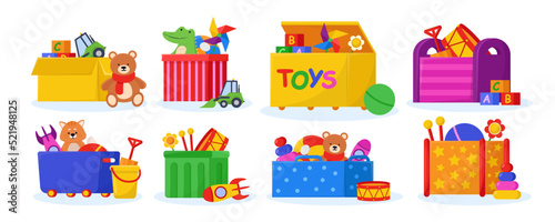 Different boxes with children toys flat vector illustrations set. Wooden and cardboard boxes with gifts, plush toys, dolls, cars, teddy bears for kids games. Childhood, entertainment, nursery concept