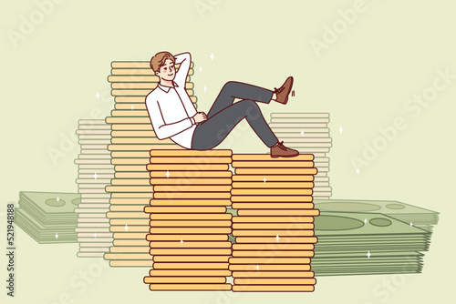 Happy successful businessman sitting on money stacks. Smiling man feel overjoyed with financial stability or wealth. Investment and finances. Vector illustration. 