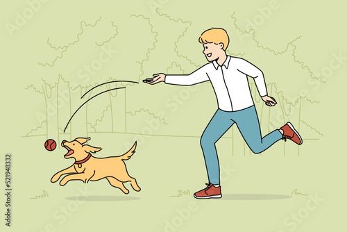 Happy boy playing with pet in park. Smiling kid have fun with ball and pet outdoors. Domestic animals concept. Vector illustration. 