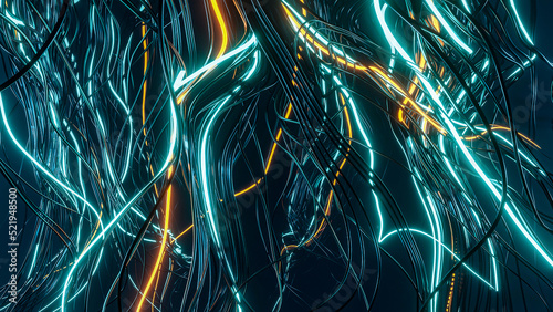 Abstract metallic hair turbulence structure with neon colors, lightning bolt, background with dark tone, science fiction, effect art, universe, space, bg, random curves, game player design, levitating
