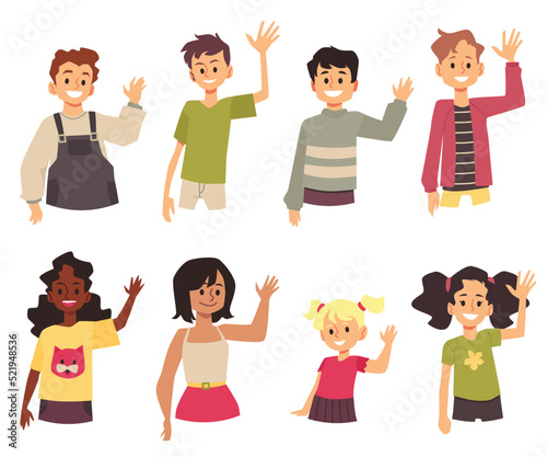 Kids wave their hands in sign of greeting, set of different cartoon characters