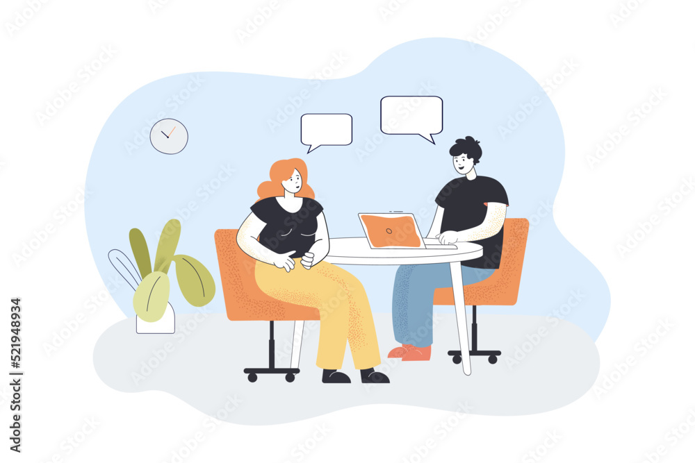 HR manager interviewing job candidate flat vector illustration. Boss talking with job applicant in office. Recruitment, meeting concept for banner, website design or landing web page