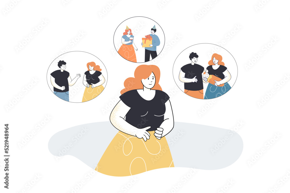 Woman recollecting moments from family life. Celebrating birthday with husband, childbirth and conflicts flat vector illustration. Memory, love concept for banner, website design or landing web page Woman recollecting moments from family life. Celebrating birthday with husband, childbirth and conflicts flat vector illustration. Memory, love concept for banner, website design or landing web page