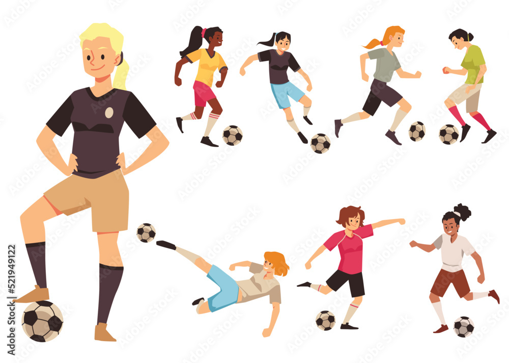 Female soccer players from woman football team in various pose in flat vector