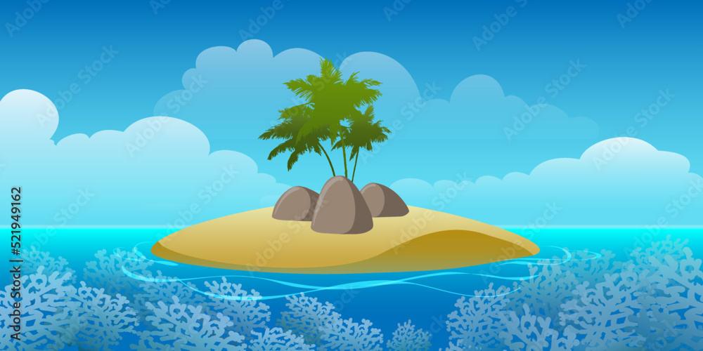 Tropical Island and Coral Reef in the Ocean