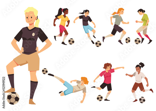 Female soccer players from woman football team in various pose in flat vector