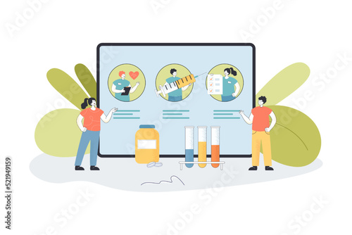 Family using health insurance services flat vector illustration. Doctor, parents with kid and huge shield with medical cross. Healthcare concept for banner, website design or landing web page