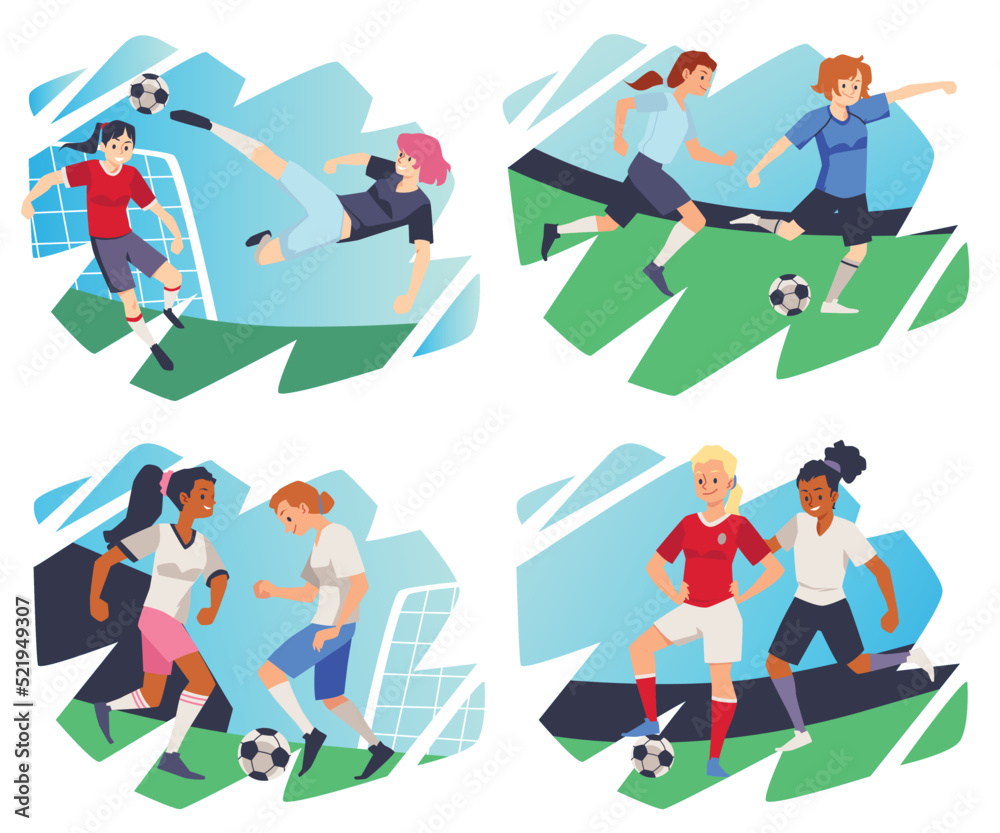 Female players play soccer or football set of flat vector illustrations isolated.