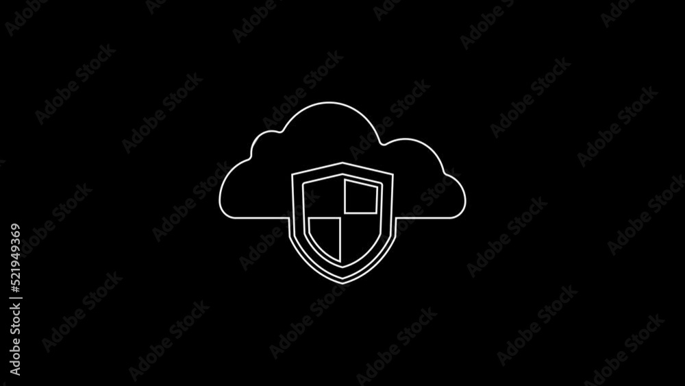 White line Cloud and shield icon isolated on black background. Cloud storage data protection. Security, safety, protection, privacy concept. 4K Video motion graphic animation White line Cloud and shield icon isolated on black background. Cloud storage data protection. Security, safety, protection, privacy concept. 4K Video motion graphic animation