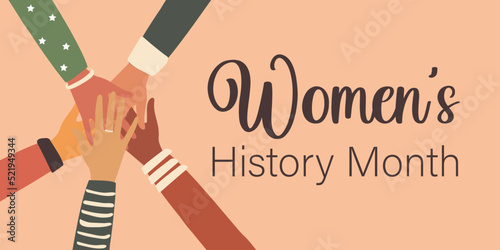 Women's History Month. The hands of multiethnic people are connected in a circle. Activists and other communities fight for equality. Horizontal pink poster. Vector.