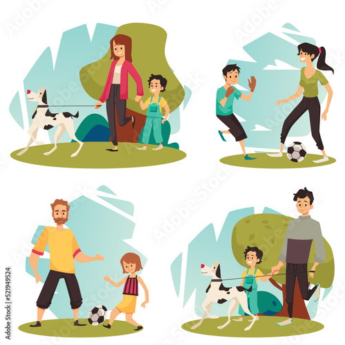 Family playing outside in summer park, in nature, cartoon characters in flat