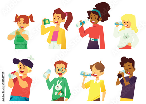 Children boys and girls drinking water, milk, soda and juice - flat vector illustration isolated on white background.