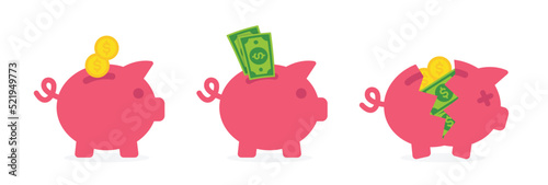 Piggy bank icon set. Containing saving money and broken piggy symbol vector illustration. Financial concept.