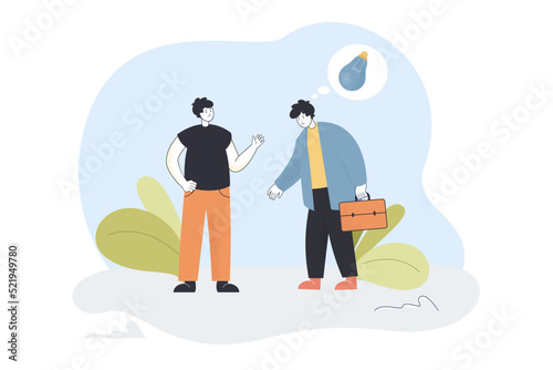 Man looking at sad employee with dead bulb above him. Man burned out at work flat vector illustration. Creativity, stress, failure concept for banner, website design or landing web page