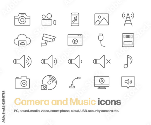 カメラ,動画,音楽に関するシンプルな線画アイコンセット。写真,アンテナ,クラウド,セキュリティカメラ,USB,マイクなどのイラストが含まれている。