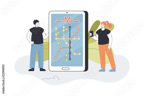 People using subway map on phone flat vector illustration. Man and woman standing near huge phone with metro station on screen. Navigation concept for banner, website design or landing web page