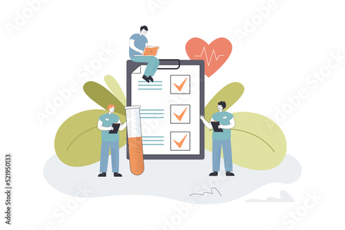 Tiny doctors standing near huge clipboard Therapist analyzing samples, working on laptop flat vector illustration. Occupation, medicine concept for banner, website design or landing web page