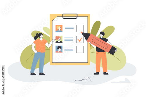 HR managers marking candidates on clipboard. Man and woman searching for employees, choosing CV or resume flat vector illustration. Recruitment concept for banner, website design or landing web page