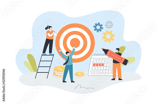 People working on project together flat vector illustration. Employees holding huge target and highlighter. Togetherness, occupation, achievement concept for banner, website design or landing web page