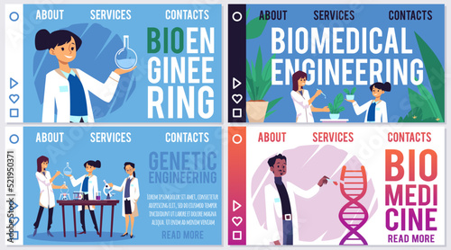 Biomedical engineering landing page templates, scientists doing research, flat vector illustration.